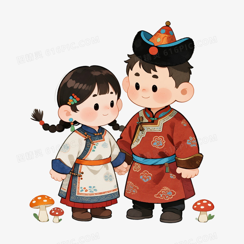 卡通手绘穿着蒙古服饰的小朋友免抠元素