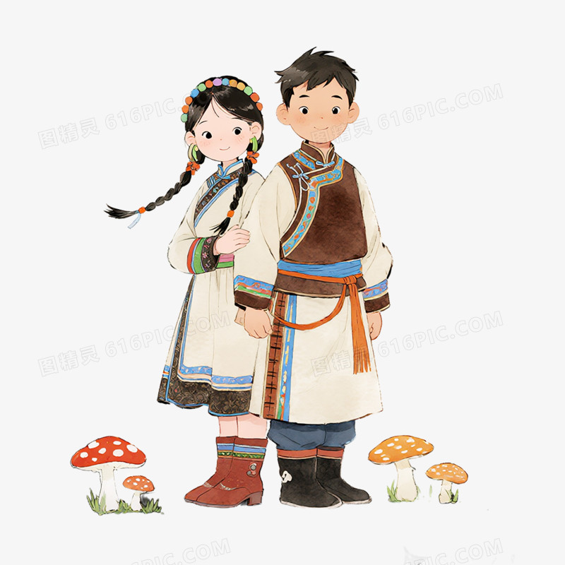 卡通手绘穿着蒙古服饰的小朋友免抠元素