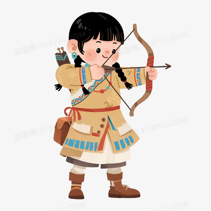 卡通手绘蒙古族人学习射箭免抠元素