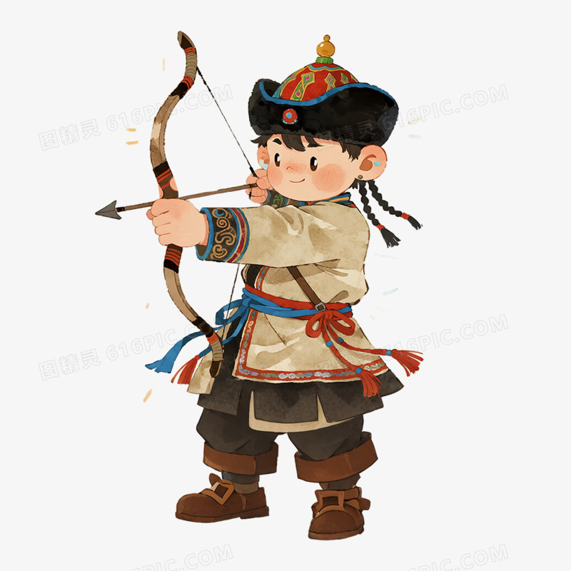 卡通手绘蒙古族人学习射箭免抠元素