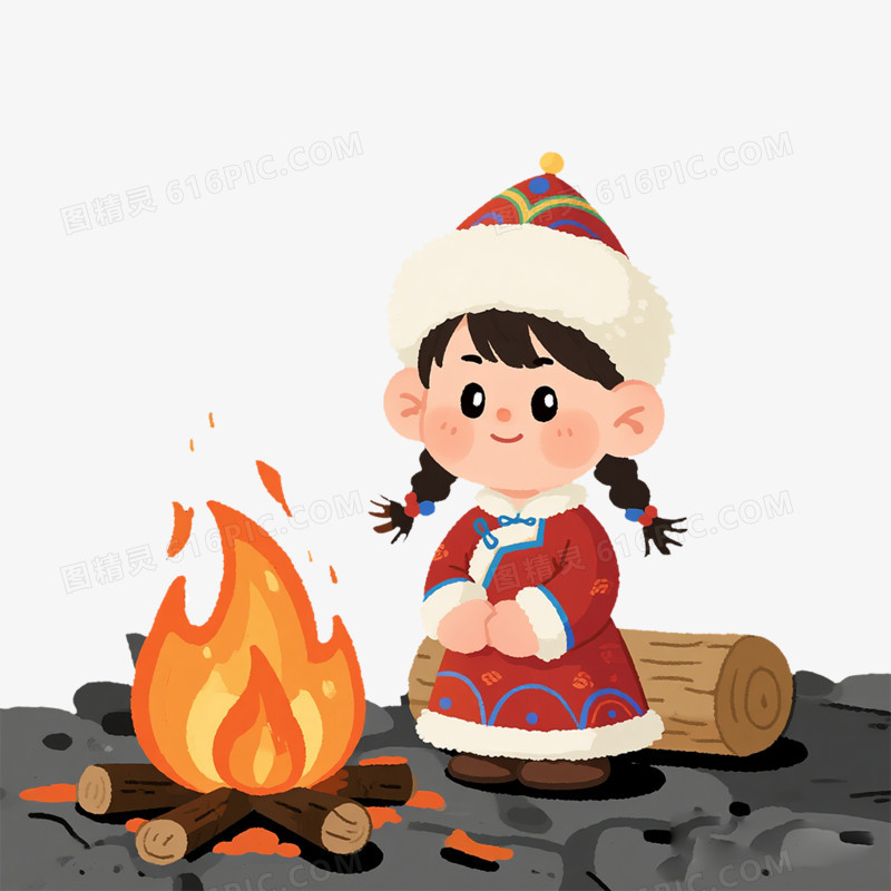 卡通手绘蒙古族小女孩取暖免抠元素