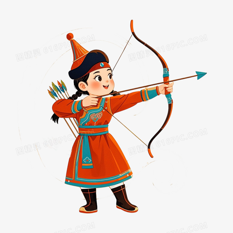 卡通手绘学射箭的蒙古族女孩免抠元素