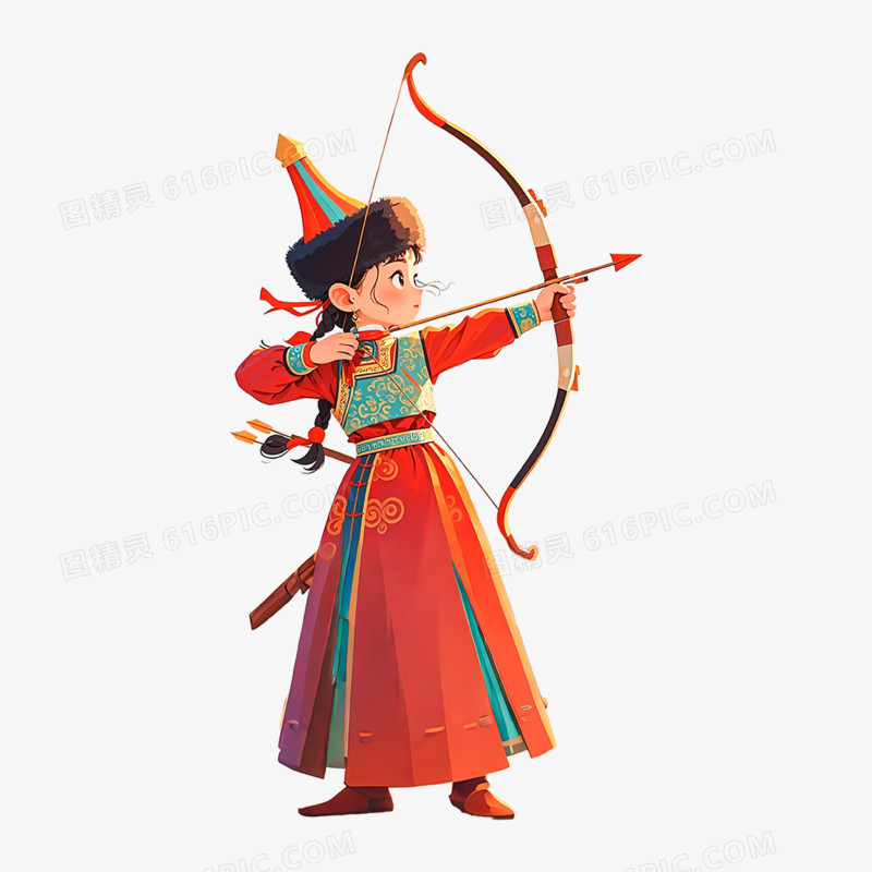 卡通手绘学射箭的蒙古族女孩免抠元素