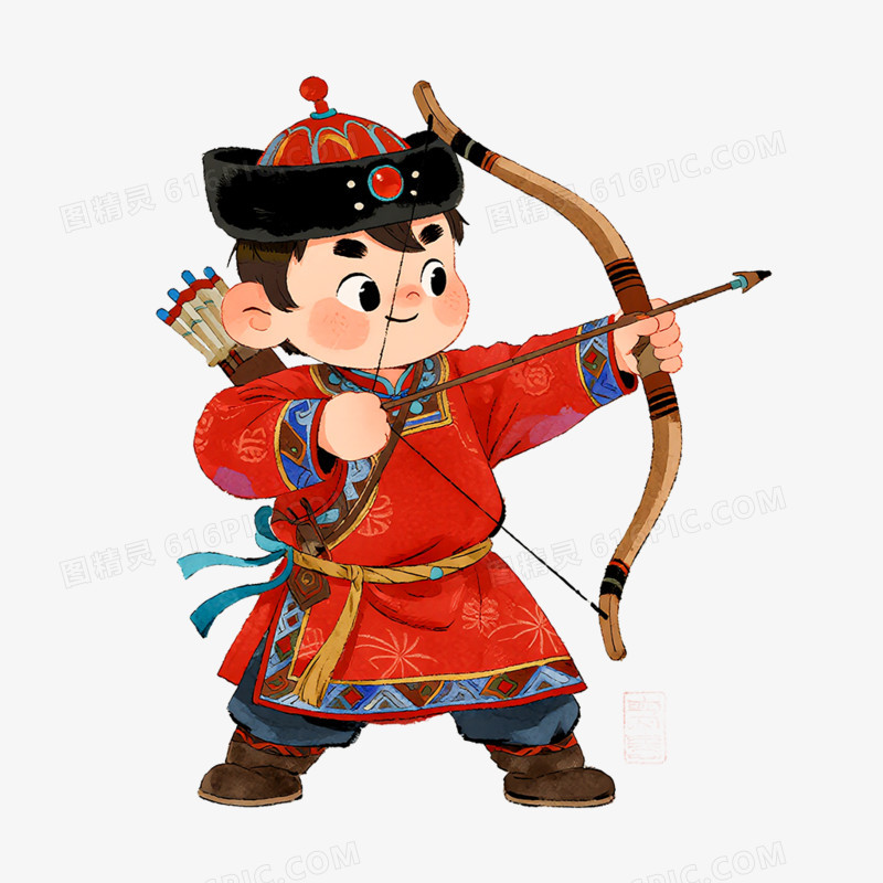 卡通手绘学射箭的蒙古族女孩免抠元素