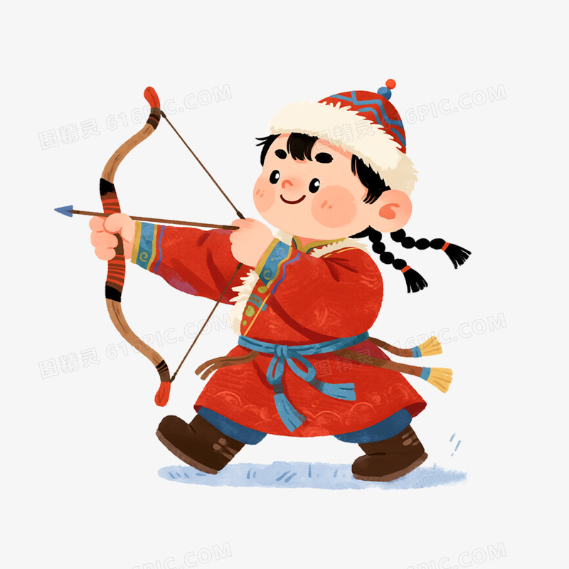卡通手绘蒙古族人学习射箭免抠元素