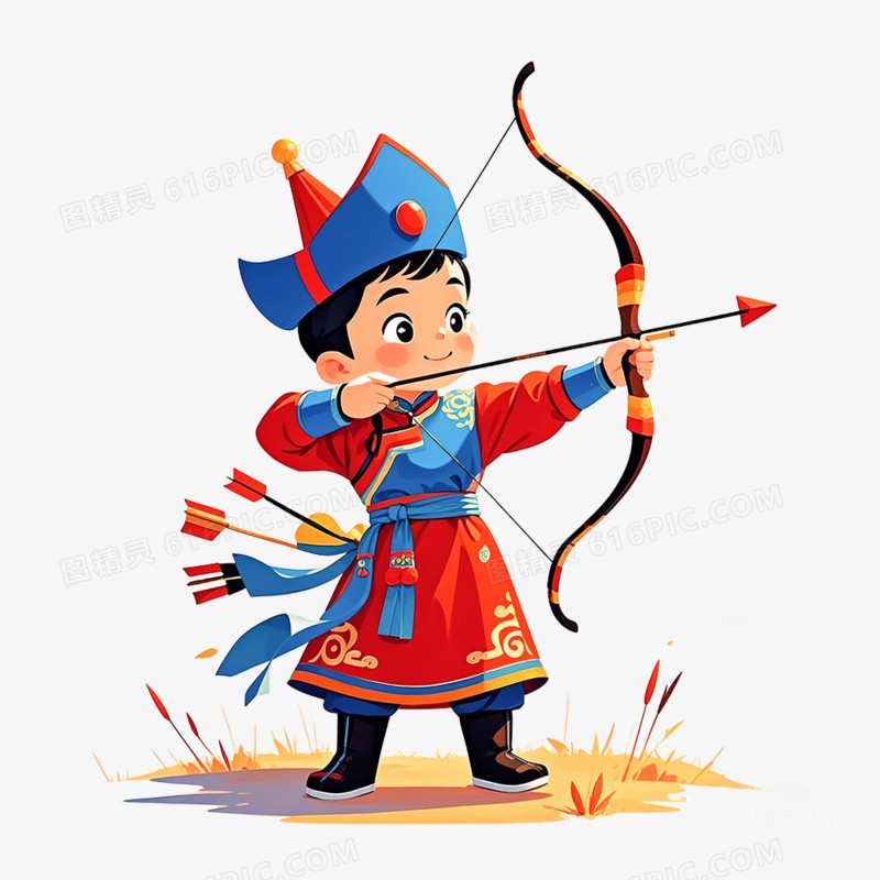 卡通手绘蒙古族人学习射箭免抠元素