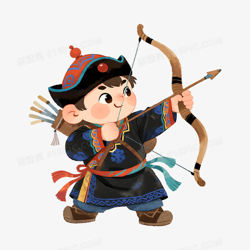 卡通手绘蒙古族人学习射箭免抠元素