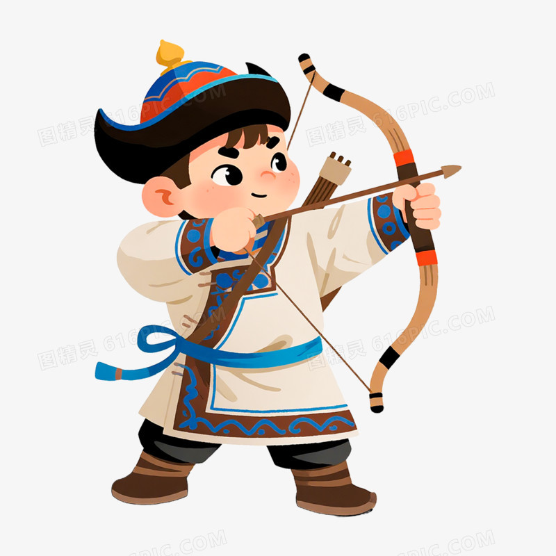 卡通手绘蒙古族人学习射箭免抠元素