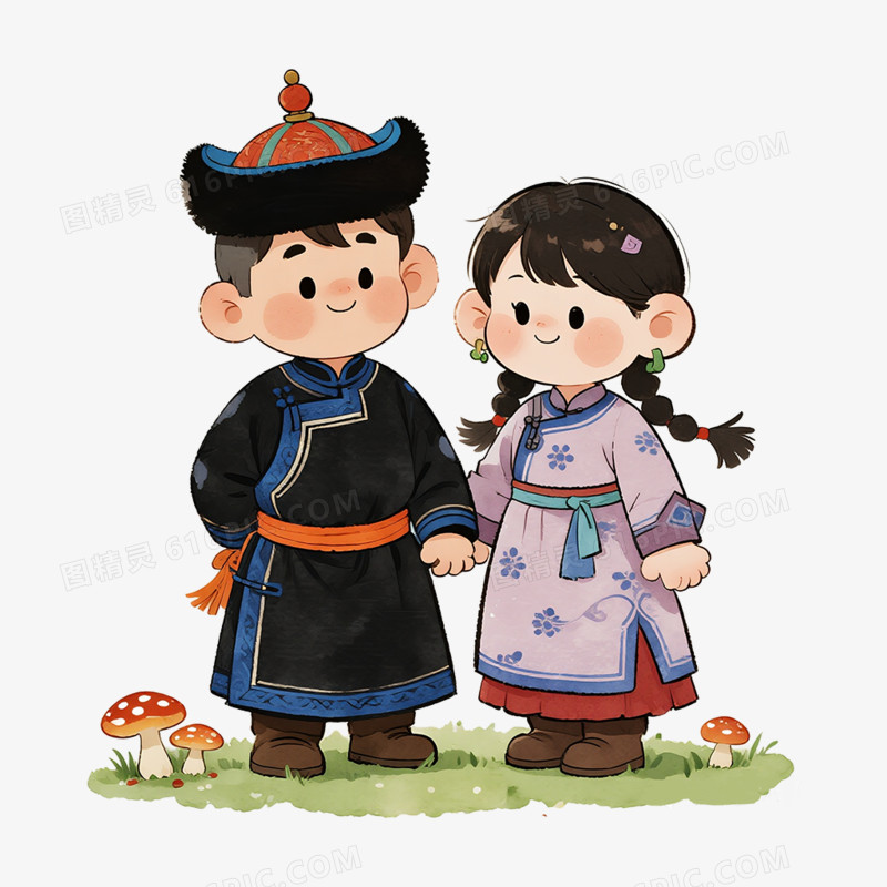 卡通手绘蒙古族小情侣免抠元素