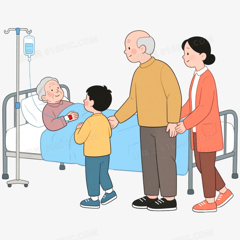 手绘插画探望病人场景免抠元素