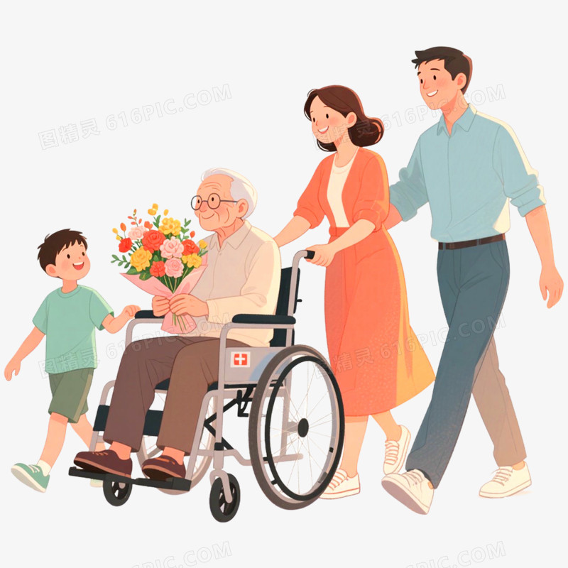 手绘插画探望病人场景免抠元素