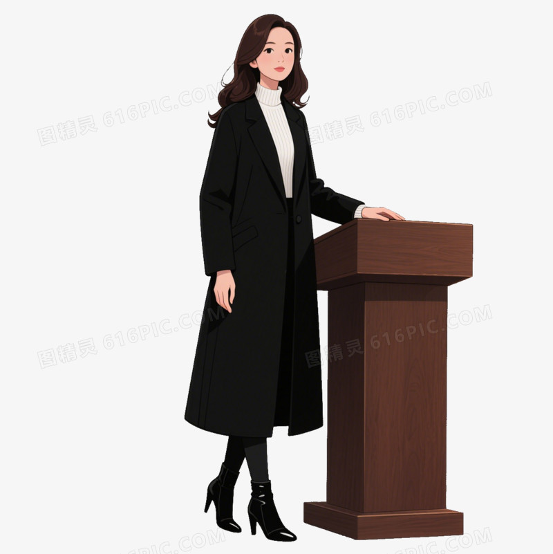 卡通穿黑风衣的女教师站着讲桌旁免抠元素