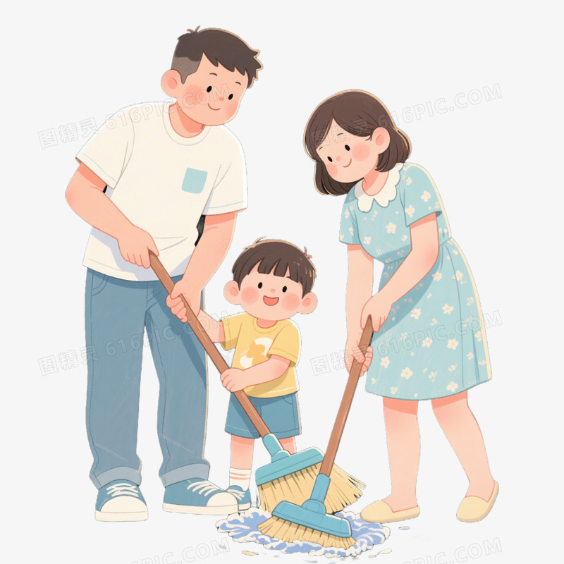 卡通手绘小朋友帮忙做家务免抠元素