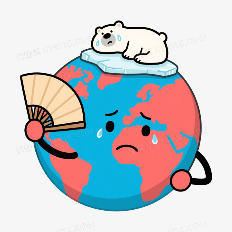 卡通热的发红的地球扇扇子和热的流汗的北极熊免抠元素