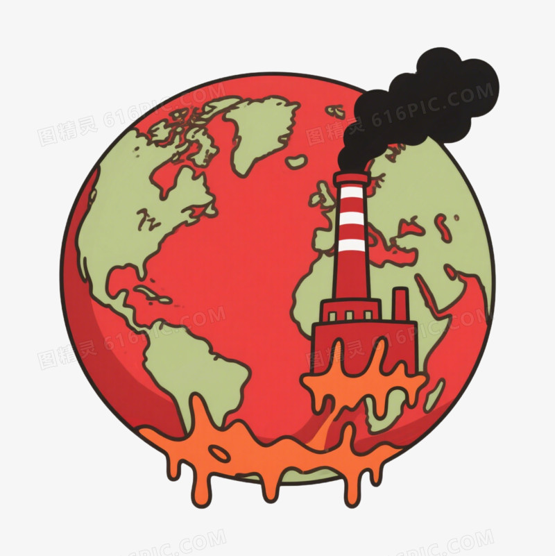 卡通热的发红融化的地球和烟囱废气免抠元素