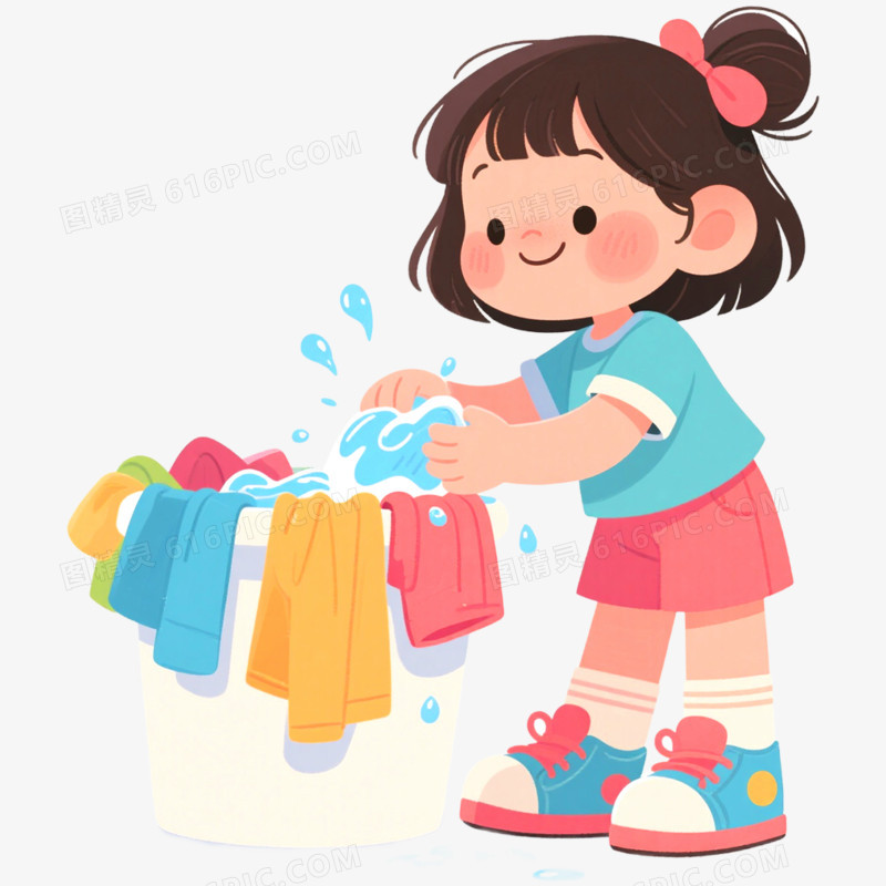 手绘插画做家务的小女孩场景免抠元素