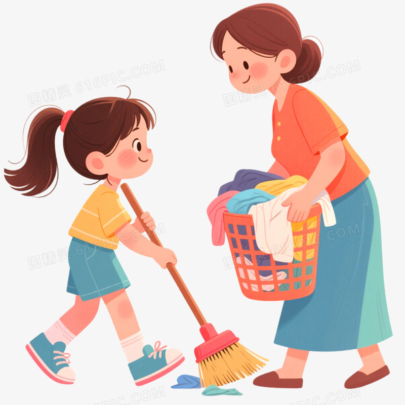 手绘插画做家务场景免抠元素