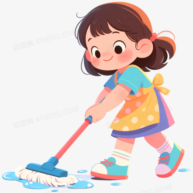 手绘插画做家务的小女孩场景免抠元素