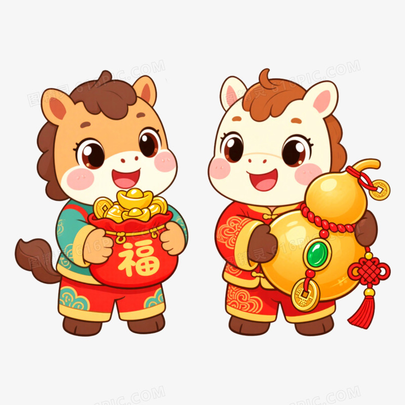 手绘插画创意马年IP形象一对免抠元素