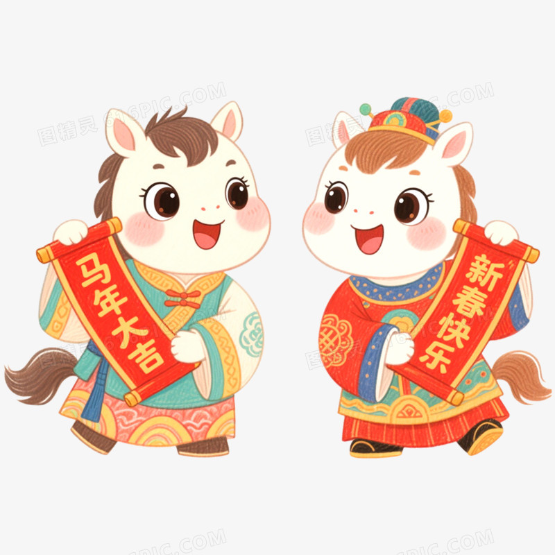 手绘插画创意马年IP形象一对免抠元素