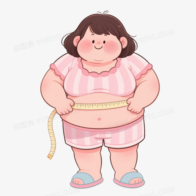卡通一个胖女人在拿着软尺量腰围免抠元素