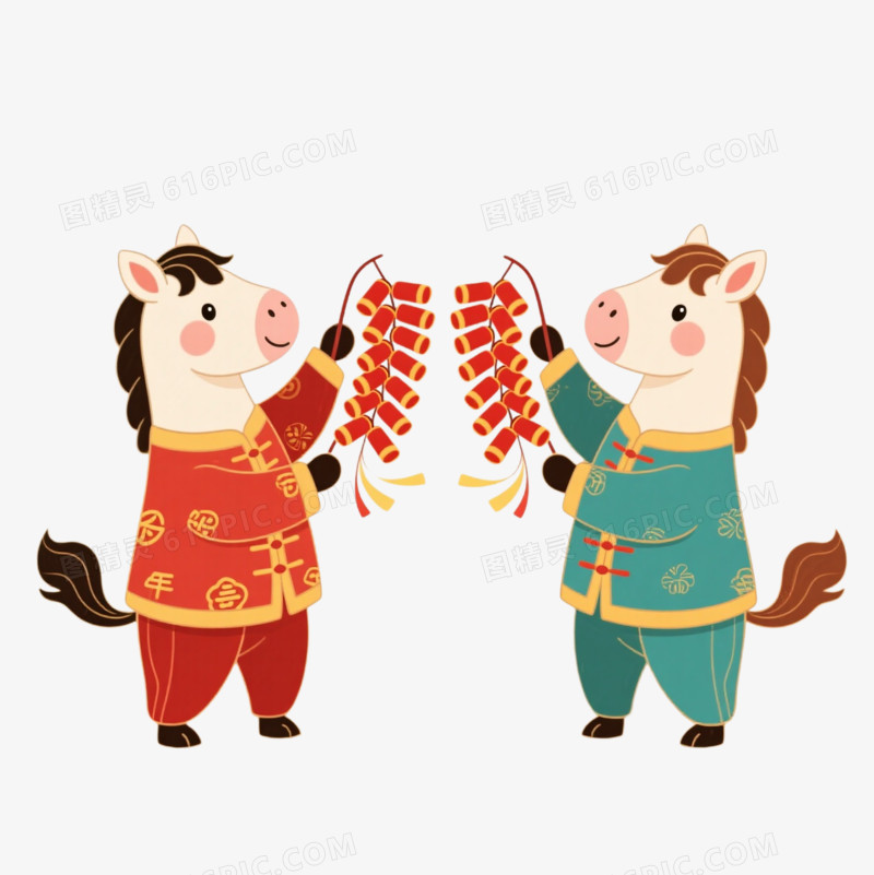 国潮插画一对小马拿着鞭炮免抠元素