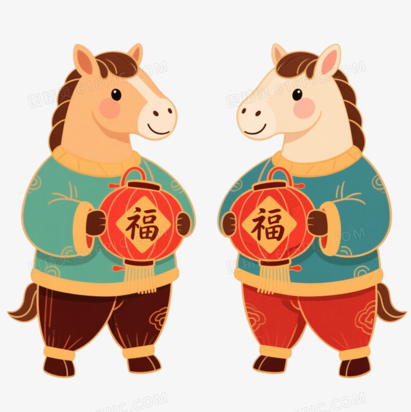国潮插画一对小马拿着福字灯笼免抠元素