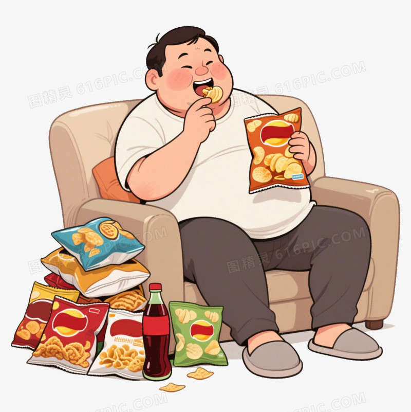 卡通一个胖男人在一堆薯片旁吃薯片免抠元素