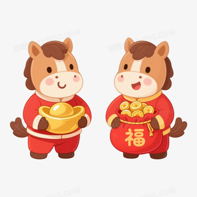 卡通一对拿着装满铜钱的福袋和金元宝的小马免抠元素