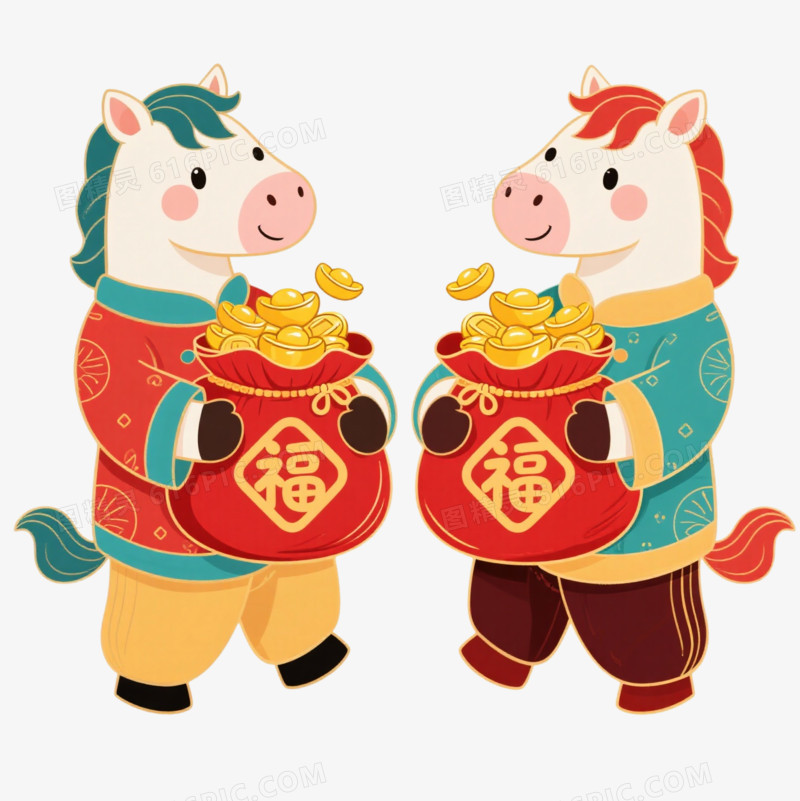国潮插画一对小马拿着装满金元宝的福袋免抠元素