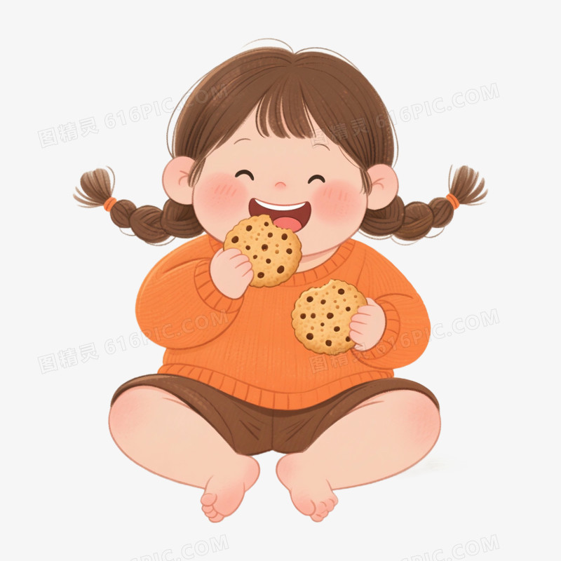 卡通手绘可爱胖女孩吃零食免抠元素
