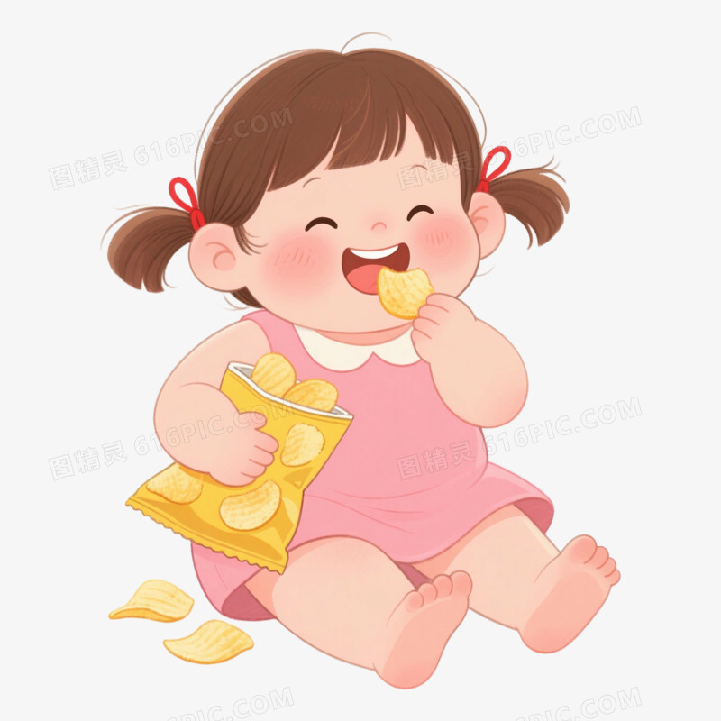 卡通手绘可爱胖女孩吃零食免抠元素