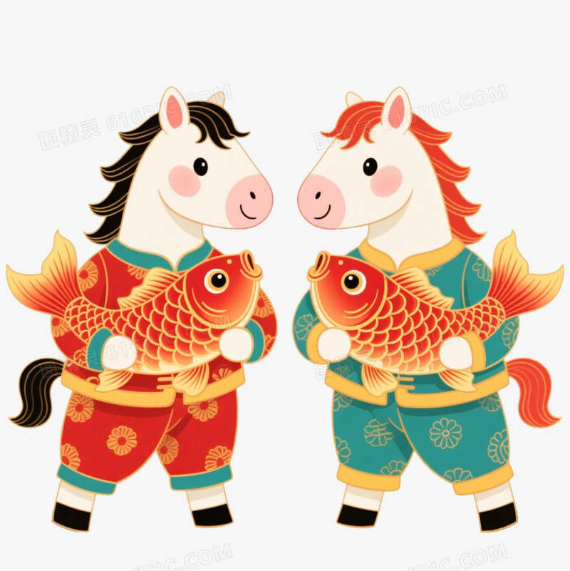 国潮插画一对小马抱着红鲤鱼免抠元素