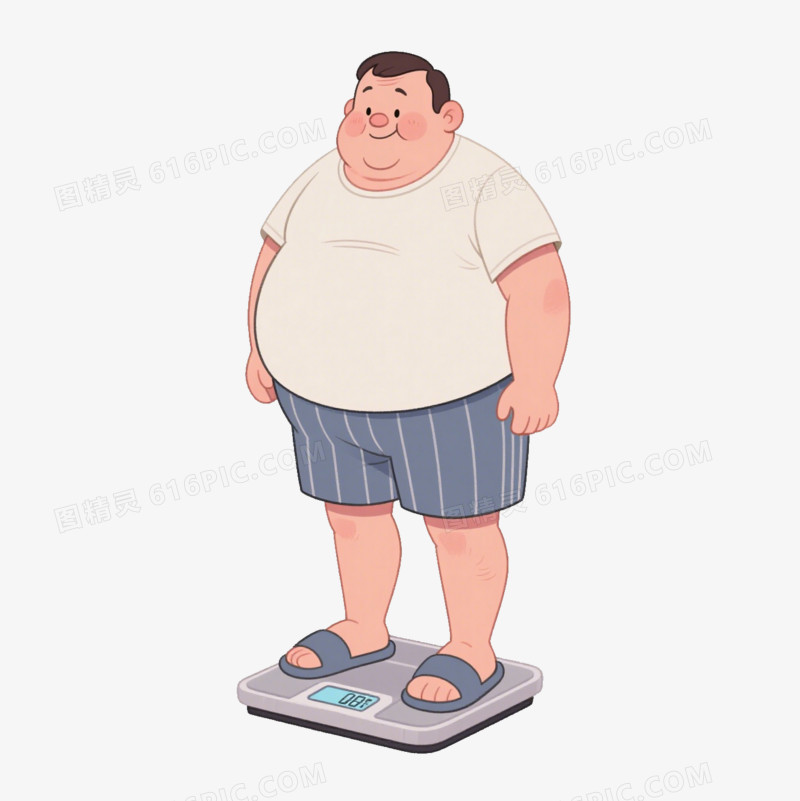 卡通一个胖男人在称体重免抠元素
