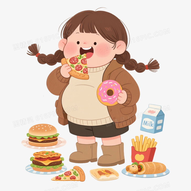 卡通手绘可爱胖女孩吃零食免抠元素