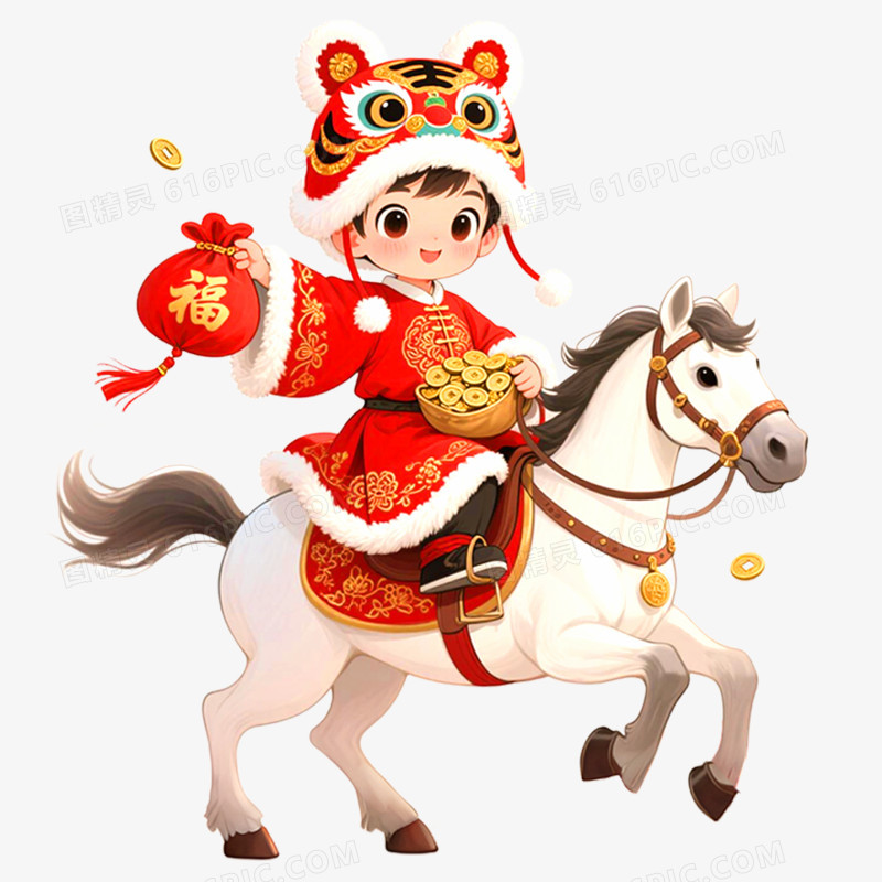 手绘插画创意马年骑马的小男孩免抠元素