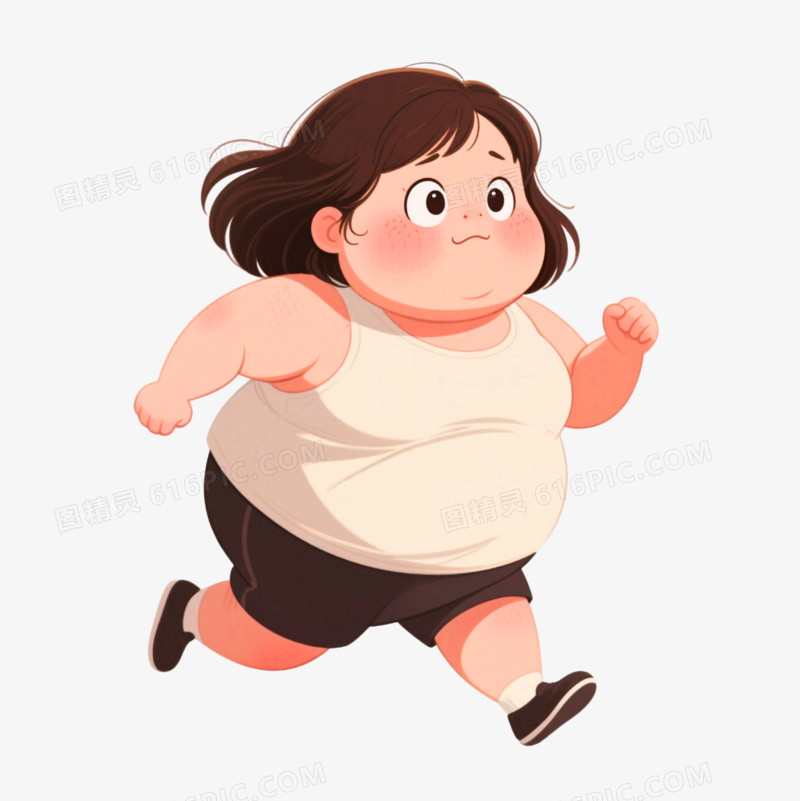 手绘插画风格胖女孩跑步免抠元素