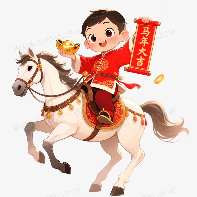 手绘插画创意马年骑马的小男孩免抠元素