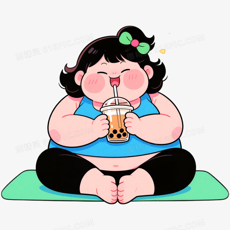 手绘插画肥胖人物吃东西抠元素