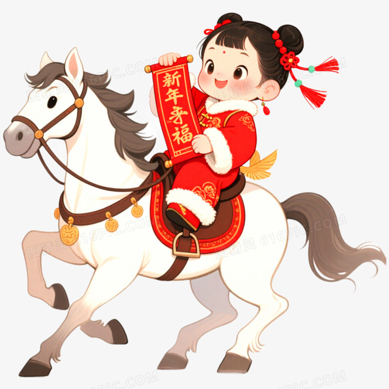 手绘插画创意马年骑马的小女孩免抠元素