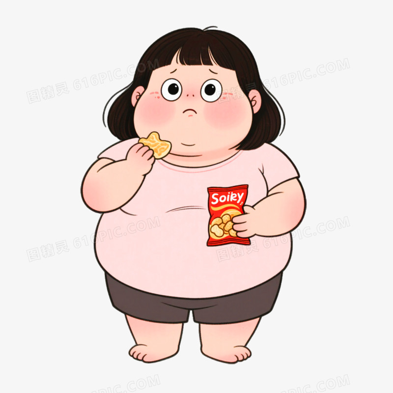 手绘插画风格胖女孩吃零食免抠元素