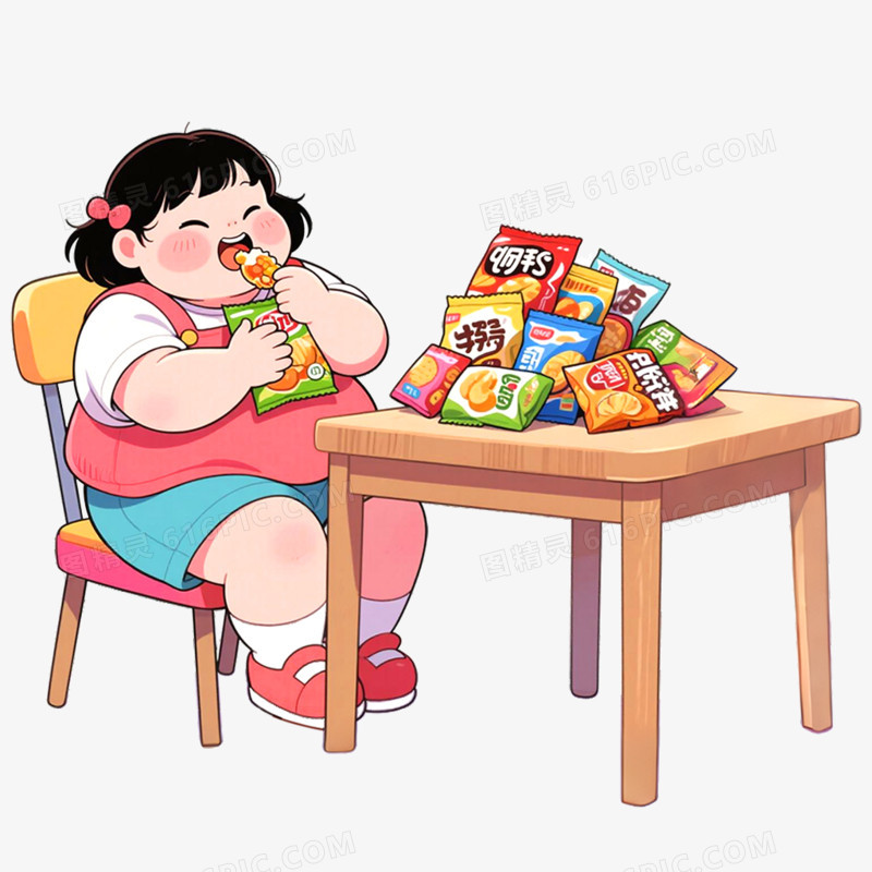 手绘插画肥胖人物吃东西抠元素