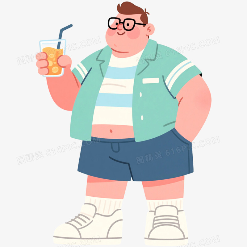 手绘插画肥胖人物吃东西抠元素