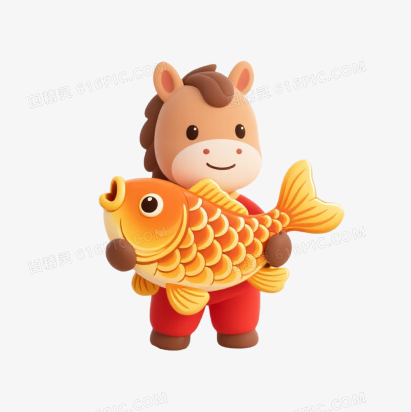 卡通一个小马抱着金鲤鱼免抠元素