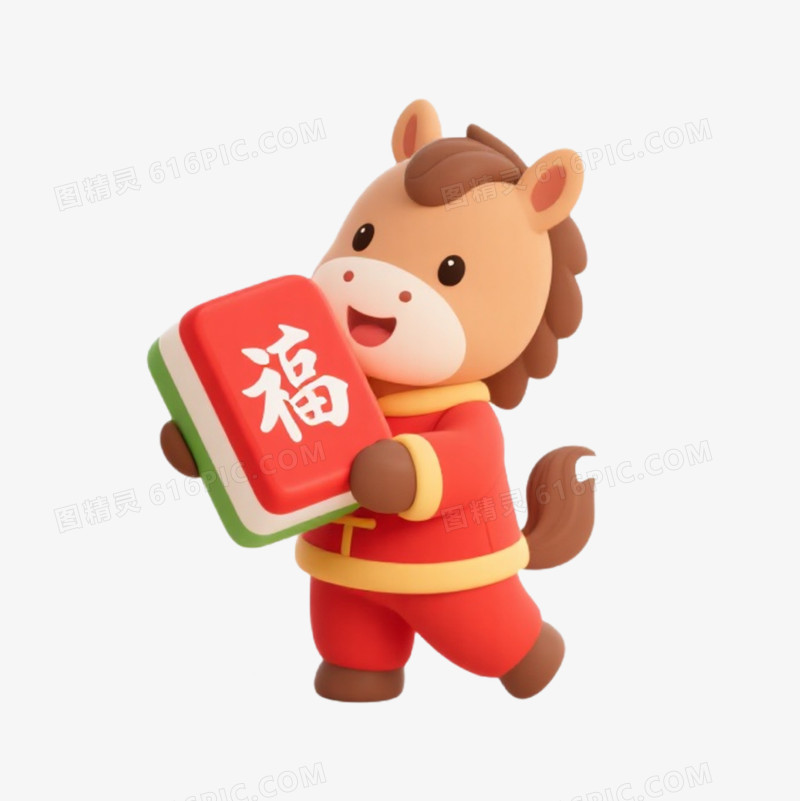卡通一个小马拿着福字麻将免抠元素