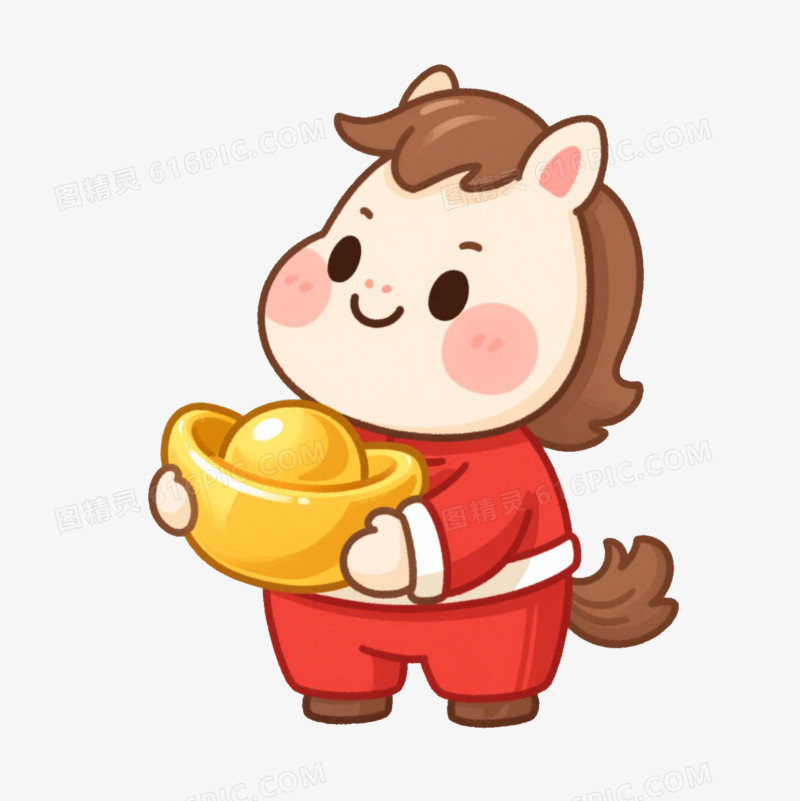 卡通一个小马抱着金元宝免抠元素