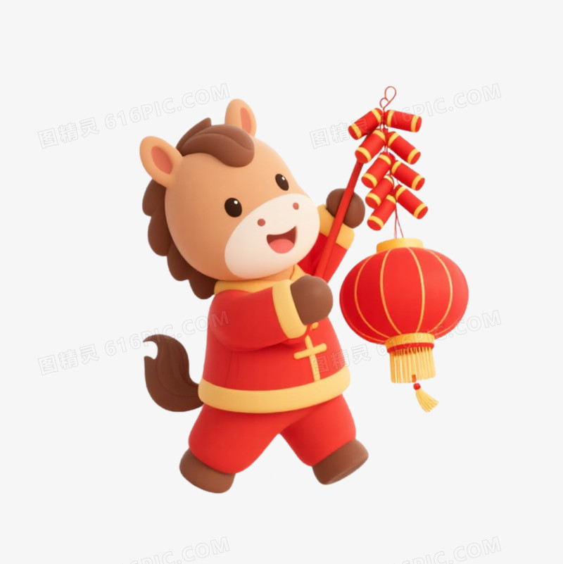 卡通一个小马拿着鞭炮和灯笼免抠元素