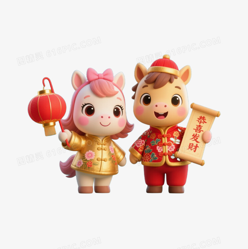 一对2026喜庆卡通马年IP形象免抠元素合集