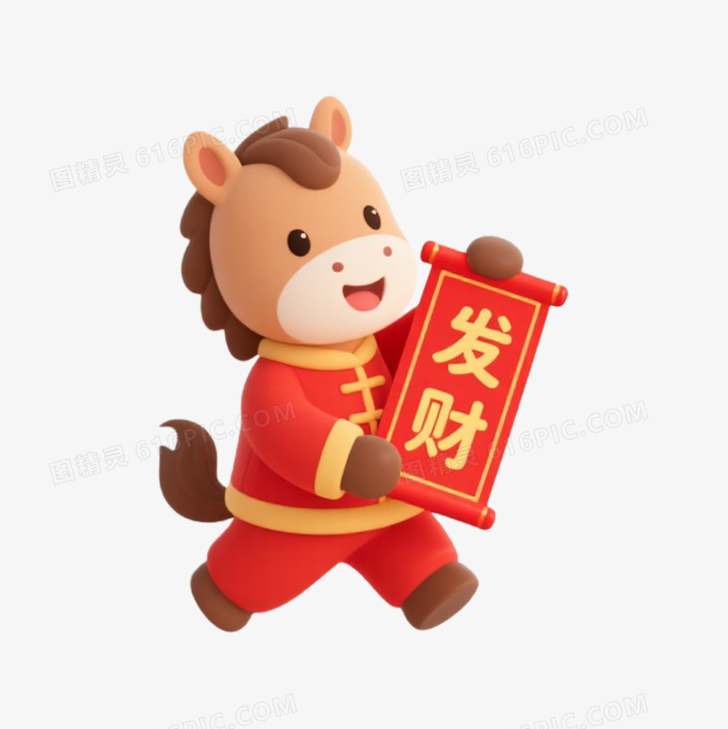 卡通一个小马拿着发财对联免抠元素