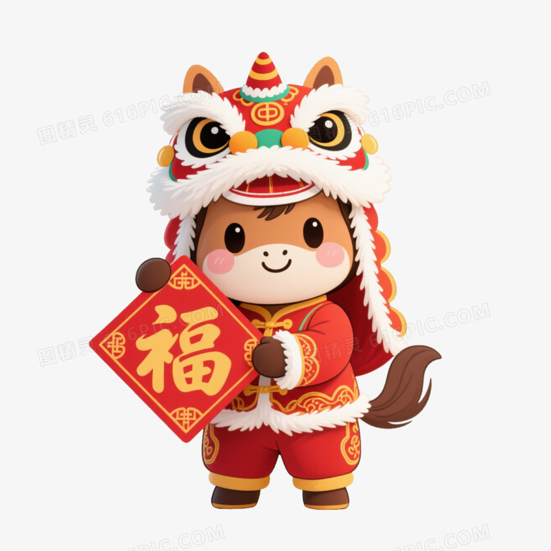 卡通一个戴着舞狮帽的小马拿着福字免抠元素